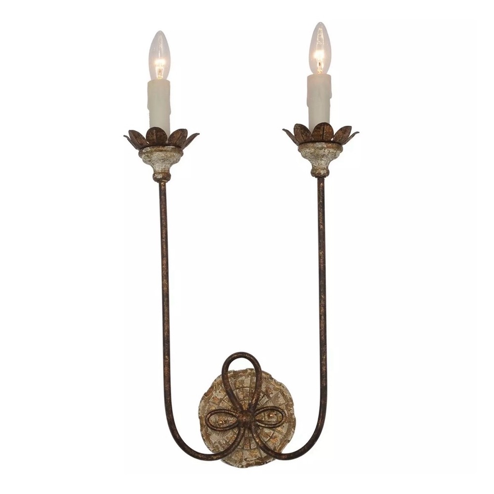 Rustic French Country 2-Light Wall Sconce Distressed Wood Aged Gold | Brand New